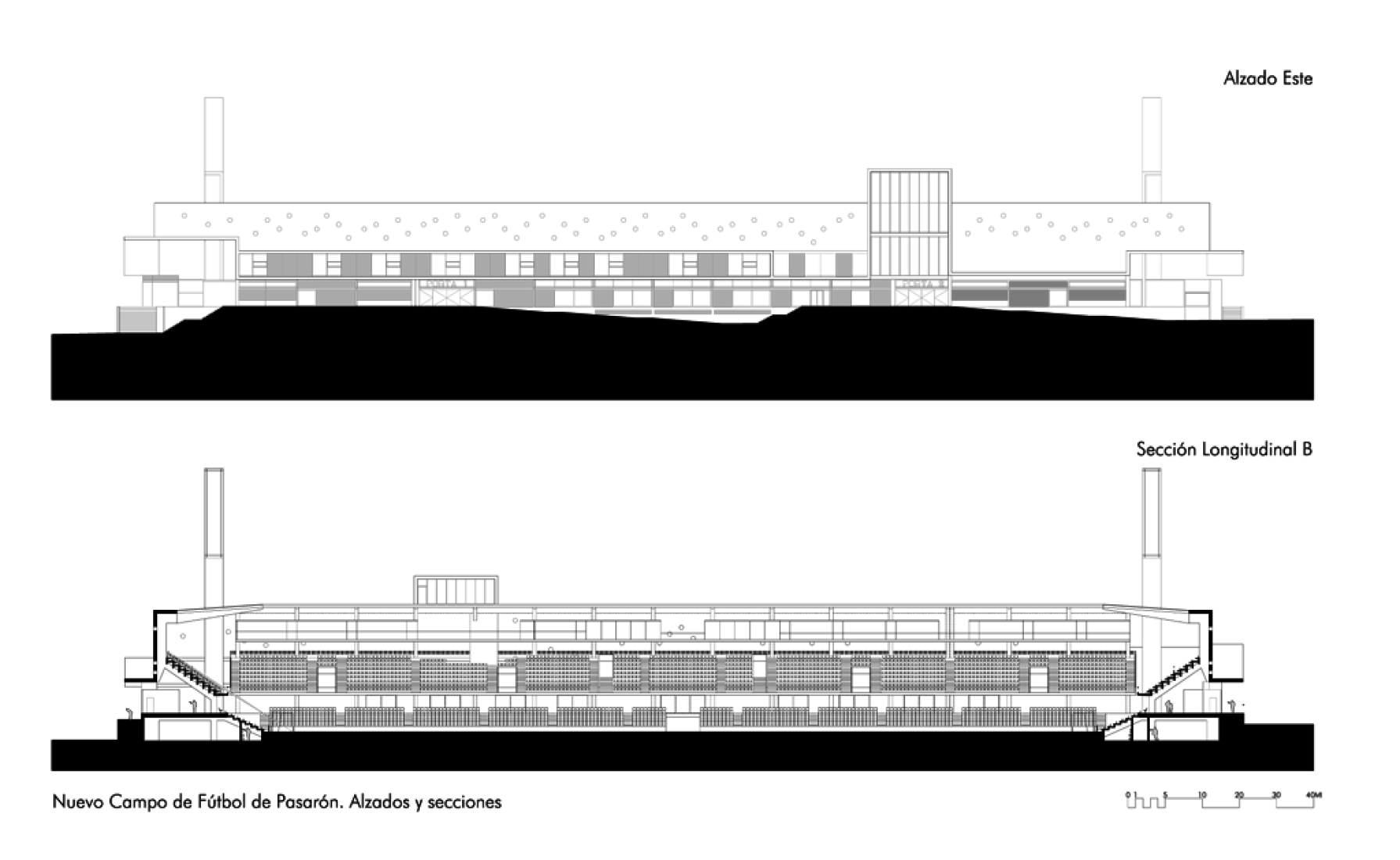 Elevation and section, New Estadium in Pasaron by esús Llamazares and Galo Zayas. Courtesy of ACXT Arquitectos.