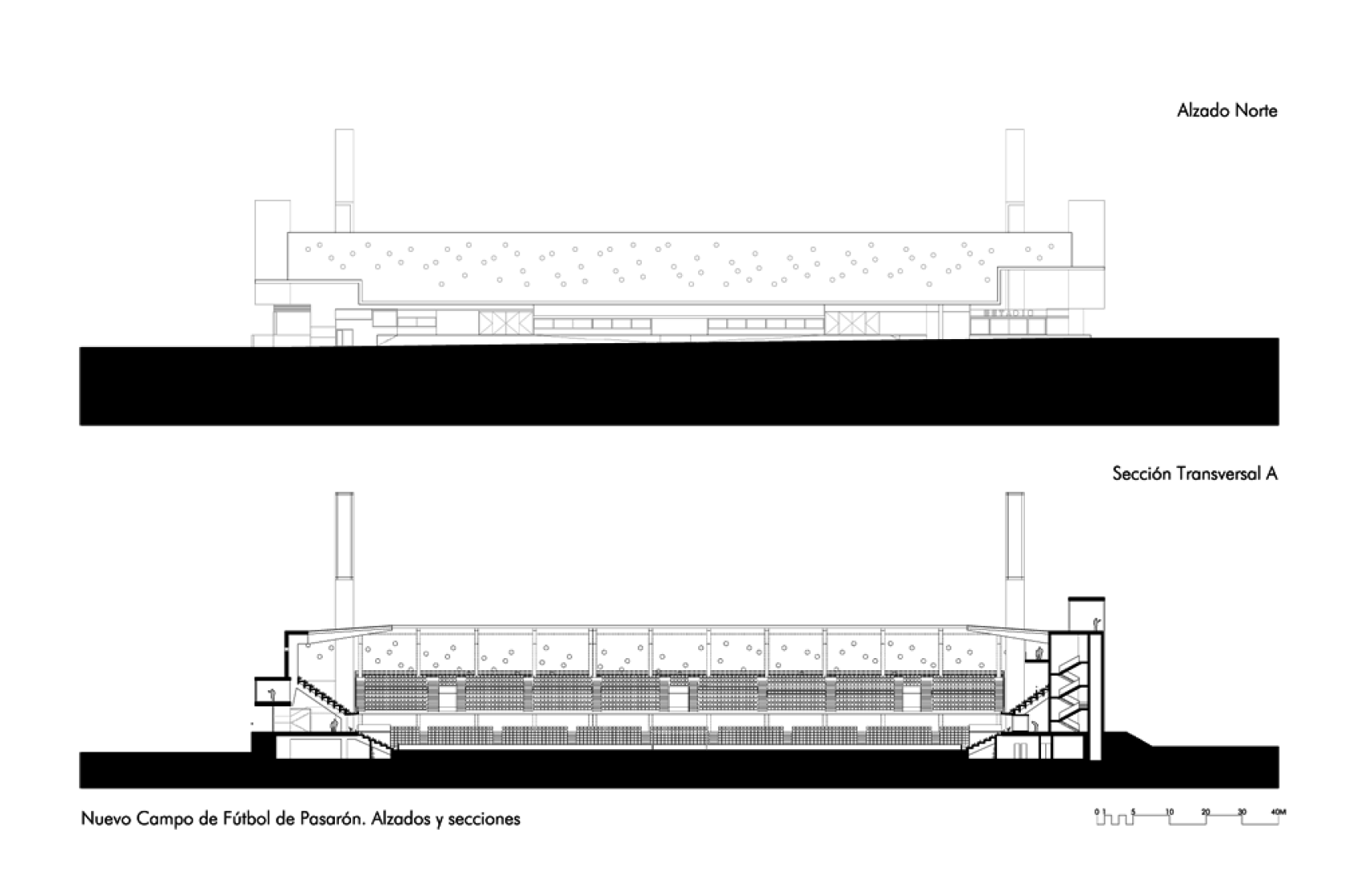 Elevation and section, New Estadium in Pasaron by esús Llamazares and Galo Zayas. Courtesy of ACXT Arquitectos.