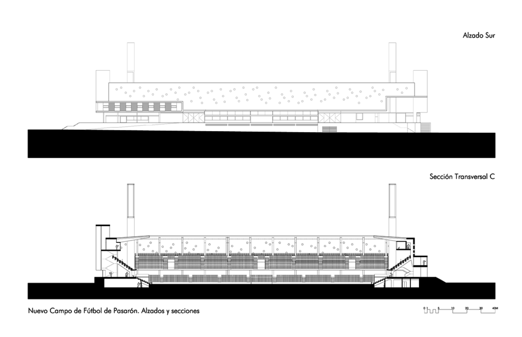 Elevation and section, New Estadium in Pasaron by esús Llamazares and Galo Zayas. Courtesy of ACXT Arquitectos.