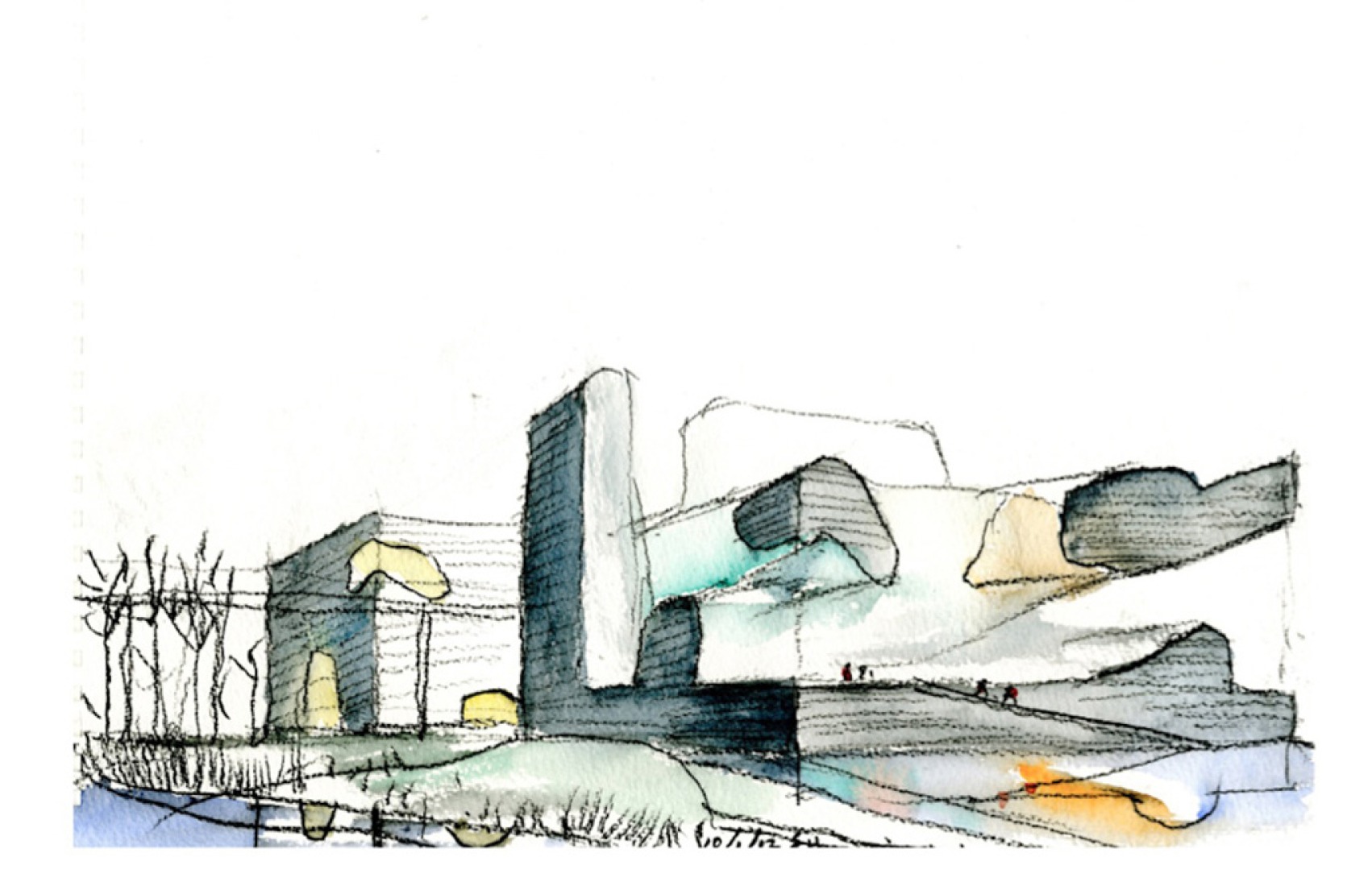 Acuarela. Tianjin Ecociudad Ecología y planificación de Museos diseñados por Steven Holl Architects.