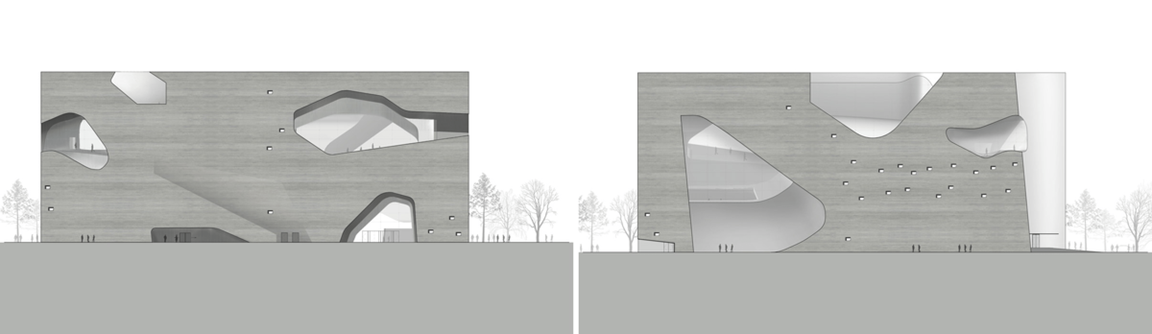 Alzados. Tianjin Ecociudad Ecología y planificación de Museos diseñados por Steven Holl Architects.