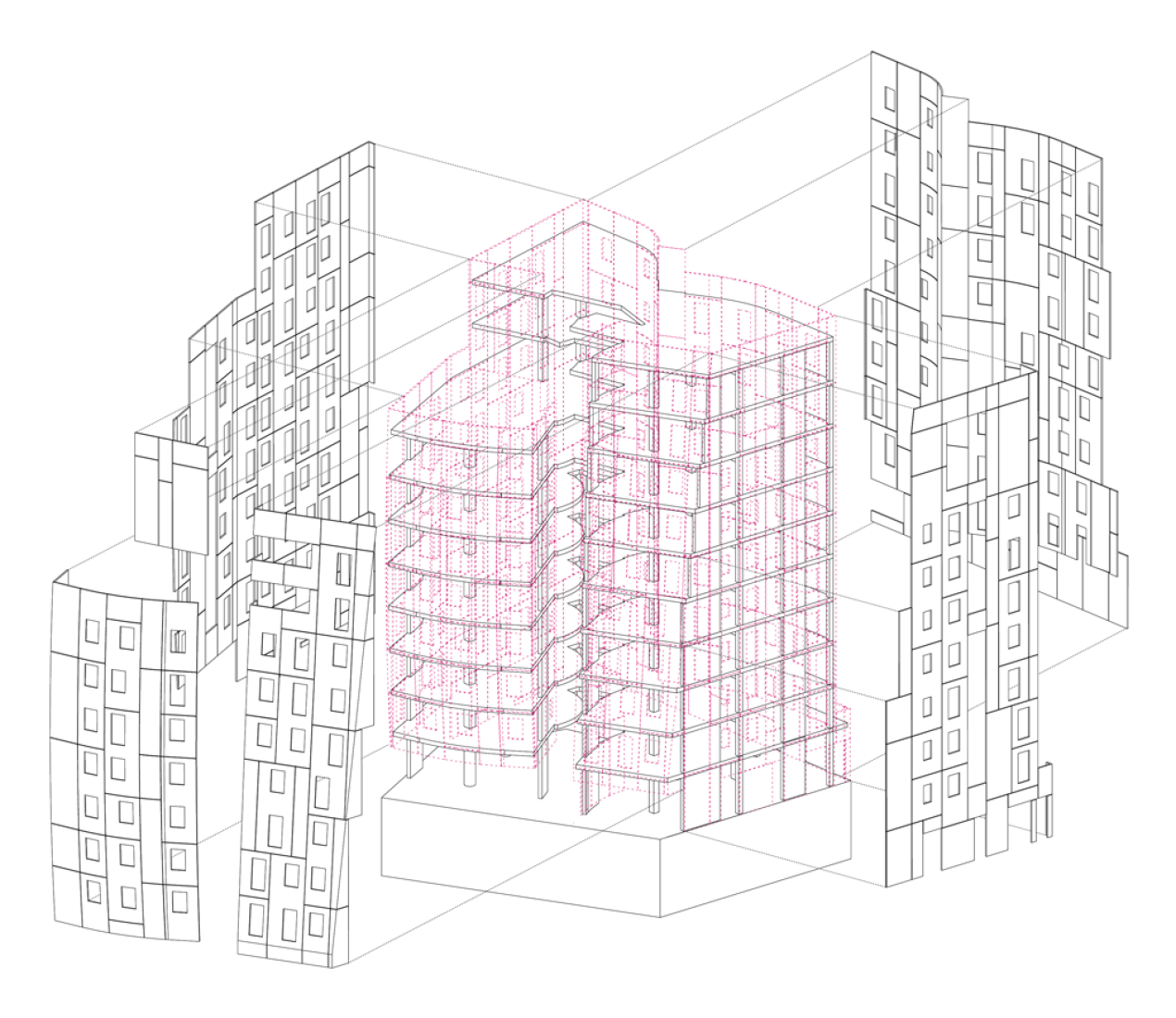 Axonometric exploited of facades, Collective housing in Torre Baró by Josep Miàs.