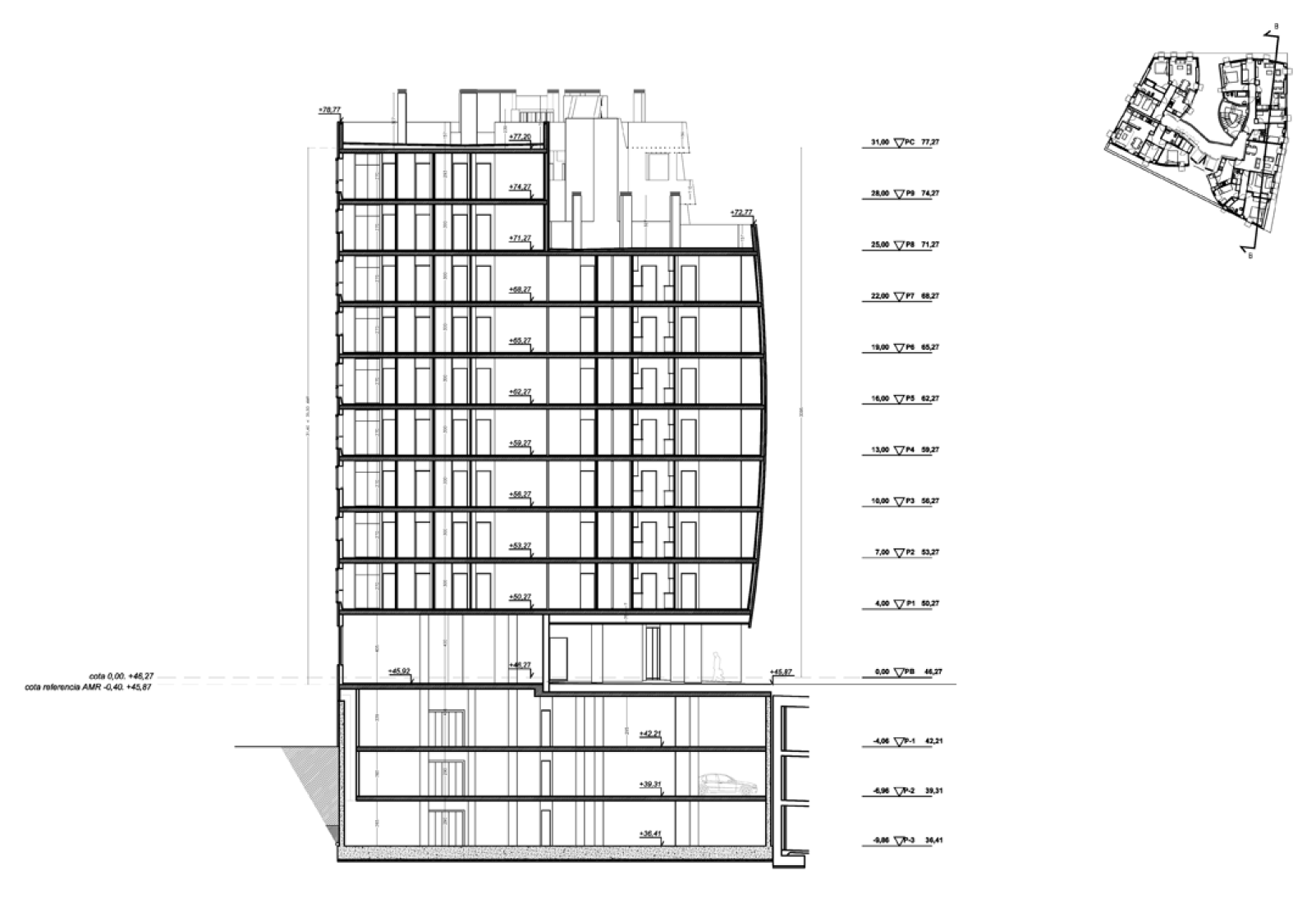 Section, Collective housing in Torre Baró by Josep Miàs.