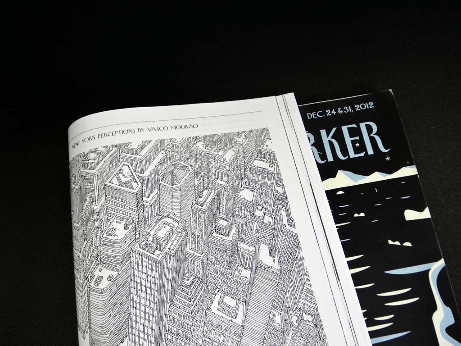 “New York Perceptions", por Vasco Mourão para la revista The New Yorker, abril 23, 2012, p. 44.