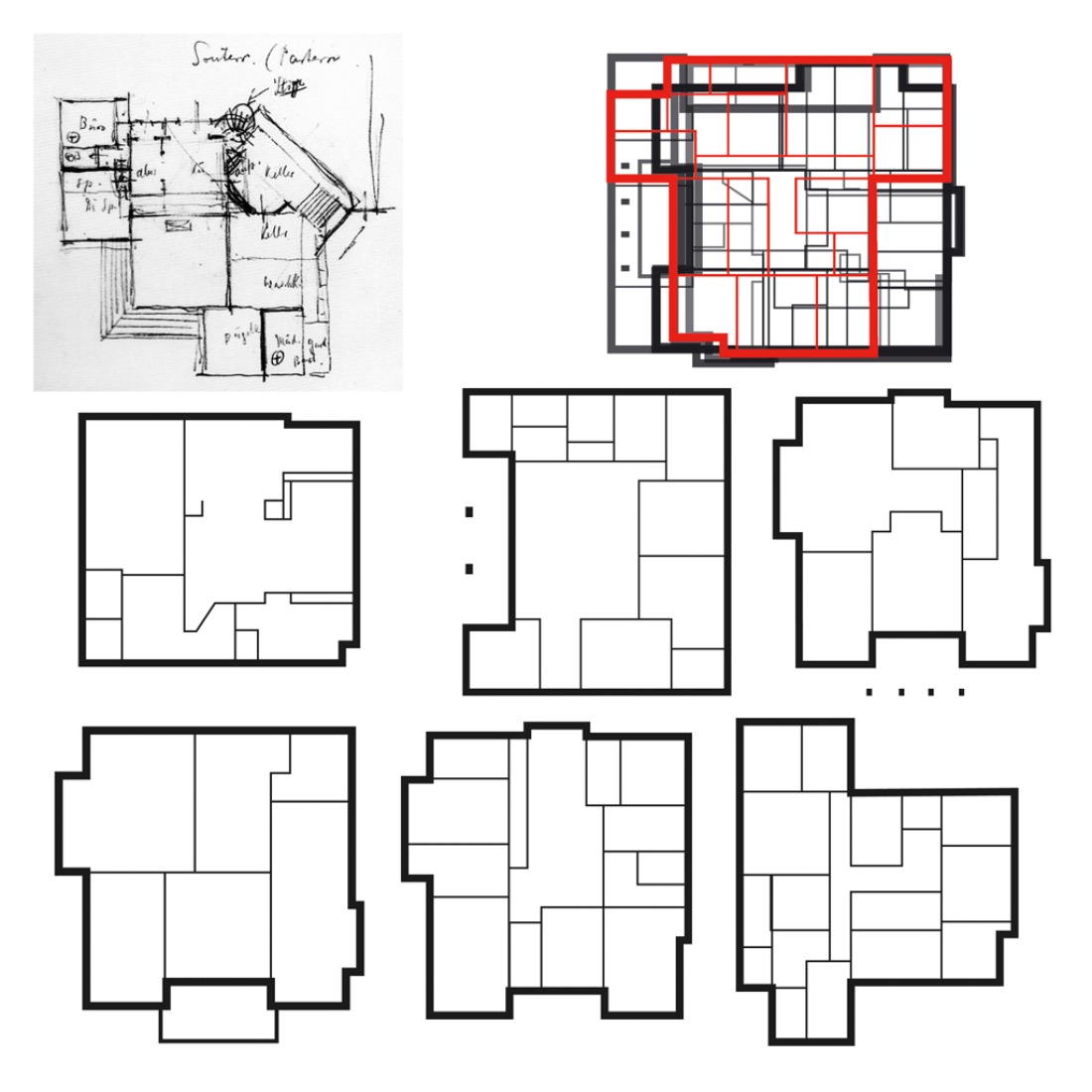 Preliminary sketch by Engelmann, graphic superimposition at similar scale. Plans of his main projects until 1935: Villa Muller, Villa studio, Konstand House, Kellor House, Lier House and Palais Wittgenstein. Courtesy of Juan D. López-Arquillo.