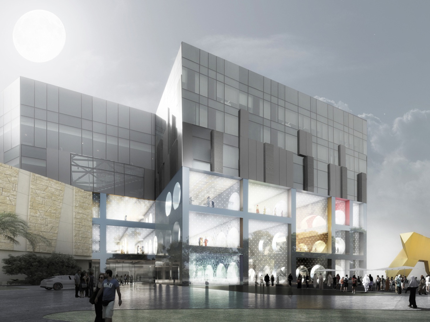 Exterior view rendering. The Exhibition Hall, Kuwait City, by OMA. 