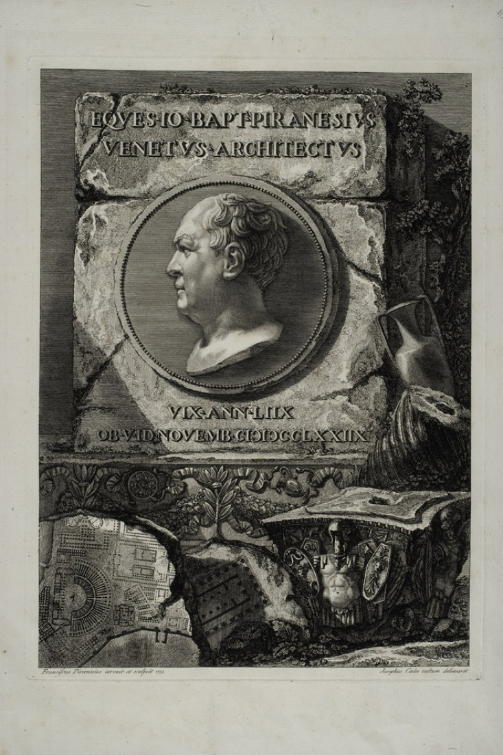 Piranesi (según dibujo de Giuseppe Cades). Retrato de Giambattista Piranesi. Frontispicio de la segunda edición póstuma de Le Antichità Romane (1784), tomo I. Fondazione Giorgio Cini, Venecia.