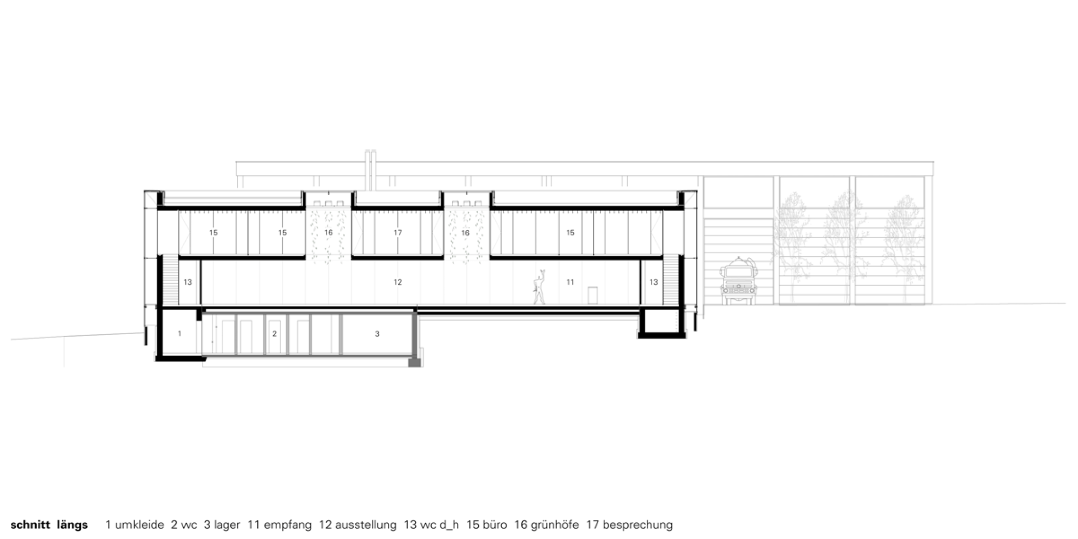 Sección longitudinal, Centro de Conocimientos Glastroesch por Becker Architekten.