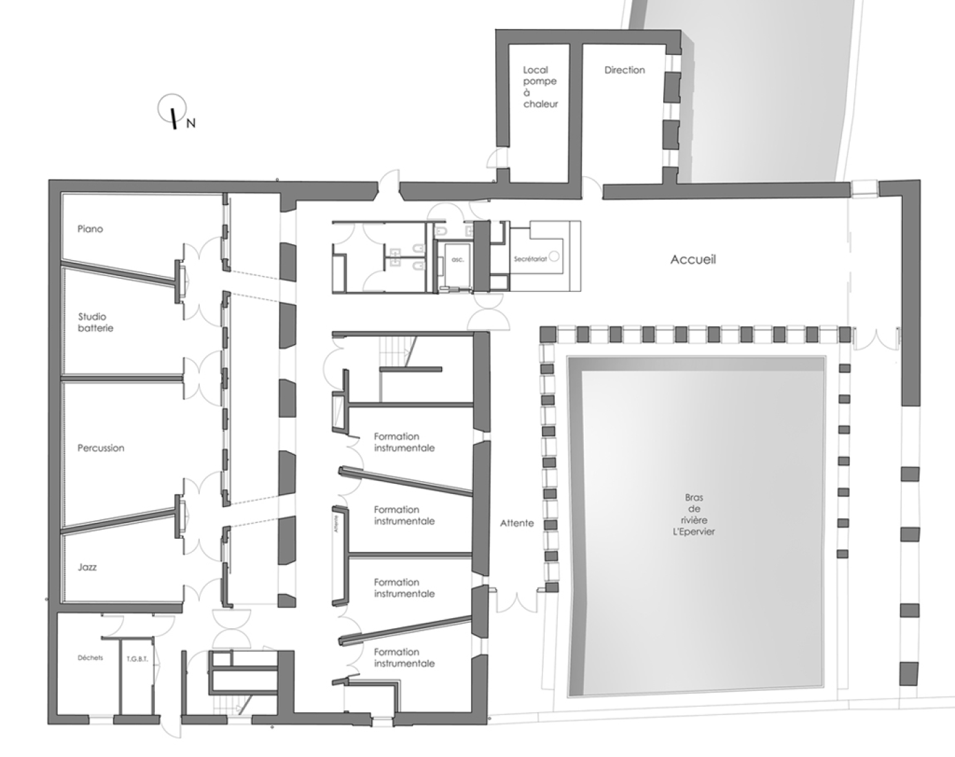 Planta baja. Escuela de Música de Louviers por Opus 5 architectes.