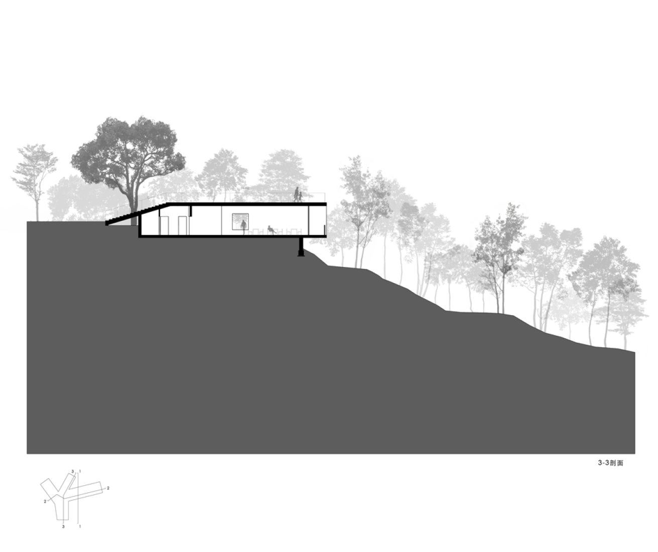 Longitudinal section. Viewing Pavilion on Hill, by TAO.