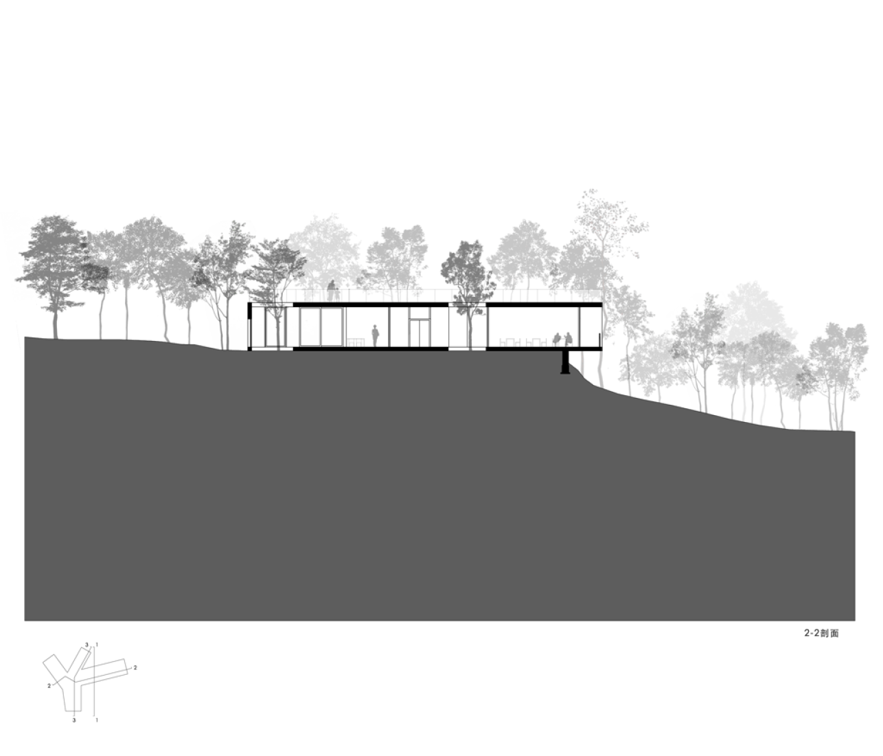 Longitudinal section. Viewing Pavilion on Hill, by TAO. 