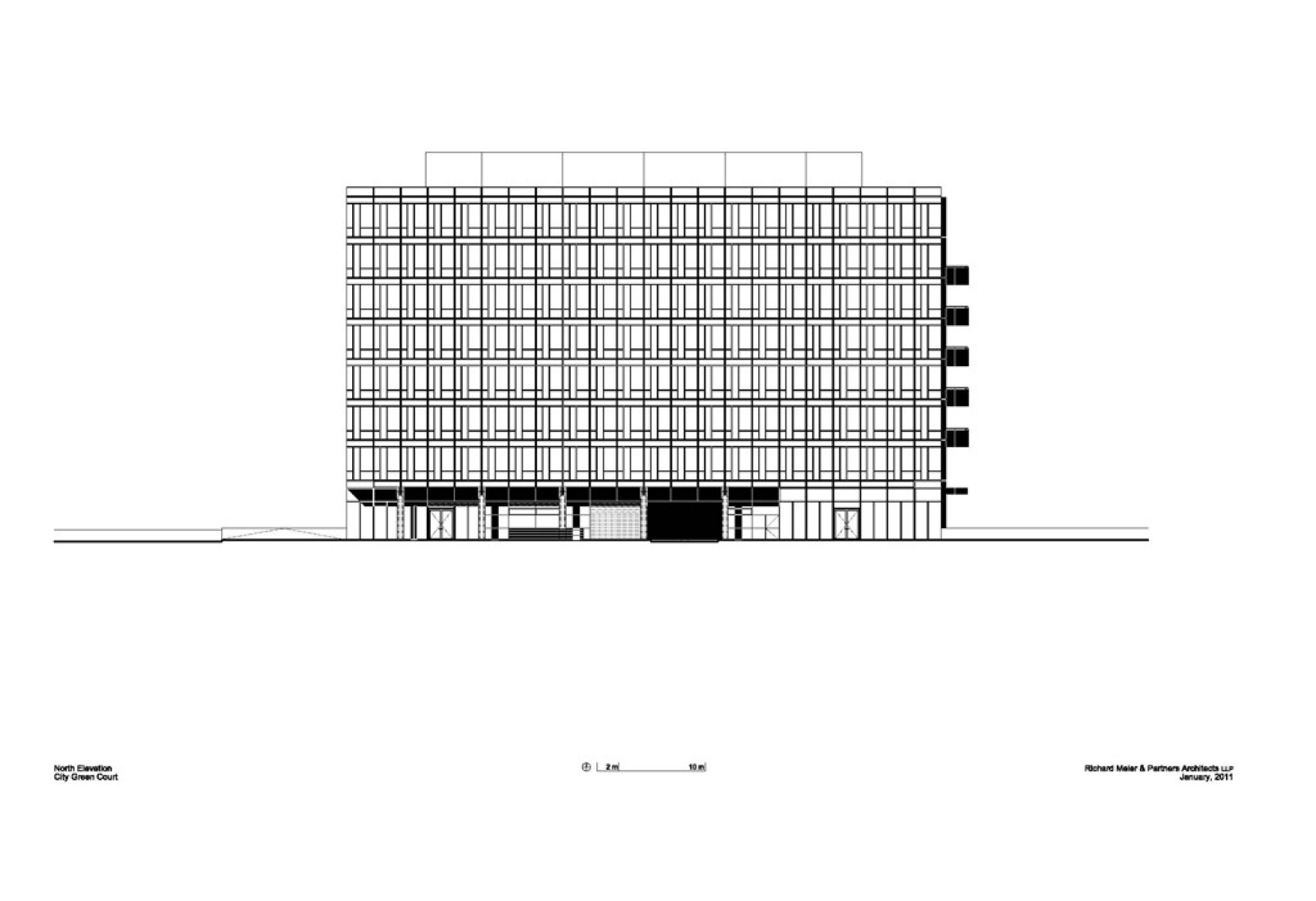 Alzado. City Green Court Praga, República Checa 2010 - 2012. Cortesía de Richard Meier Architects. 