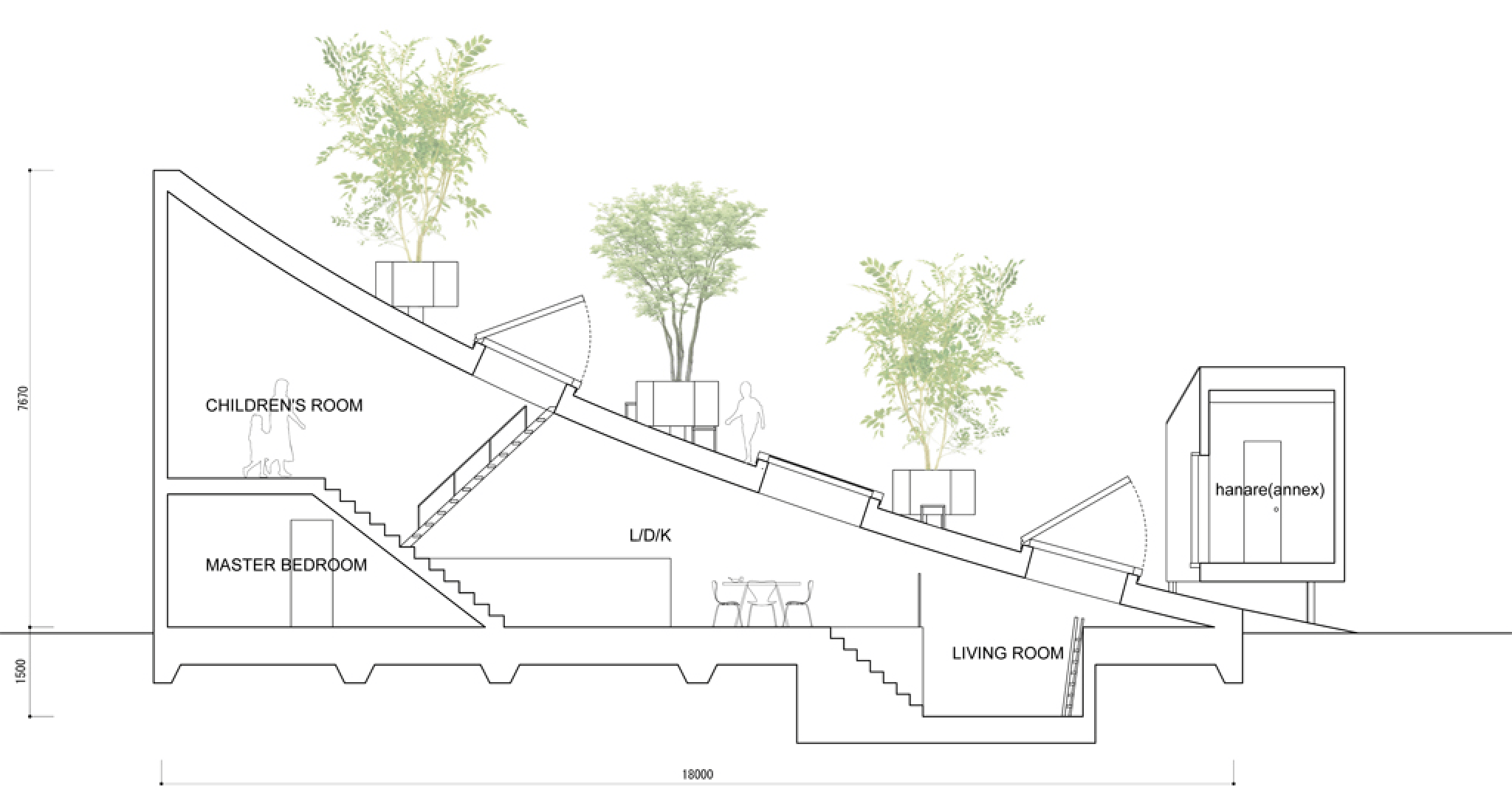 Sección longitudinal, Casa K. Cortesía de Sou Fujimoto Architects. 