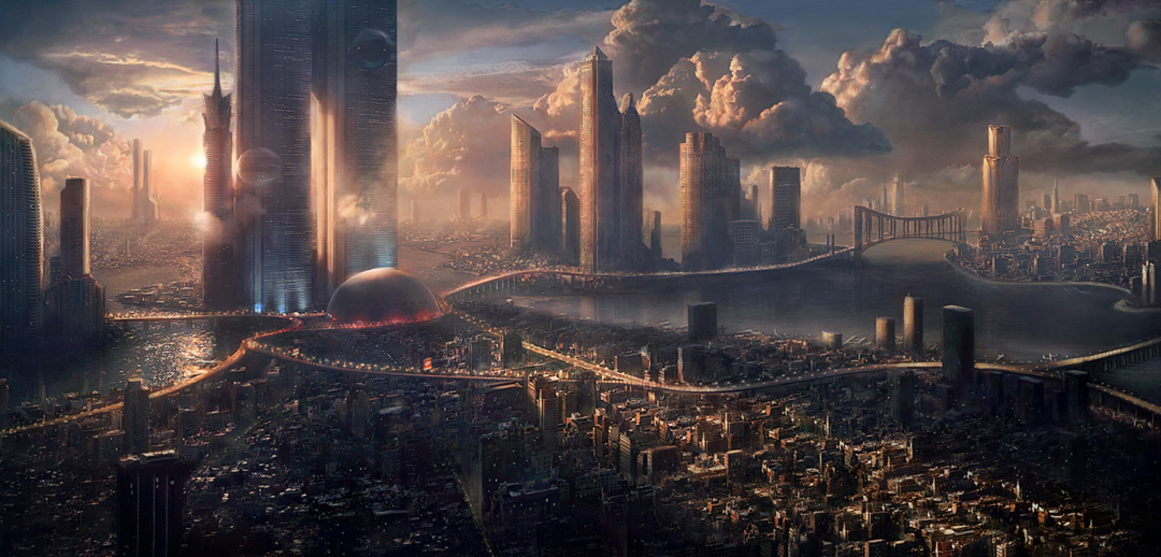 Paisaje urbano creado con Photoshop y un poco de geometría básica para las autopistas y puentes con Maya. Imagen de Marco Bauriedel.