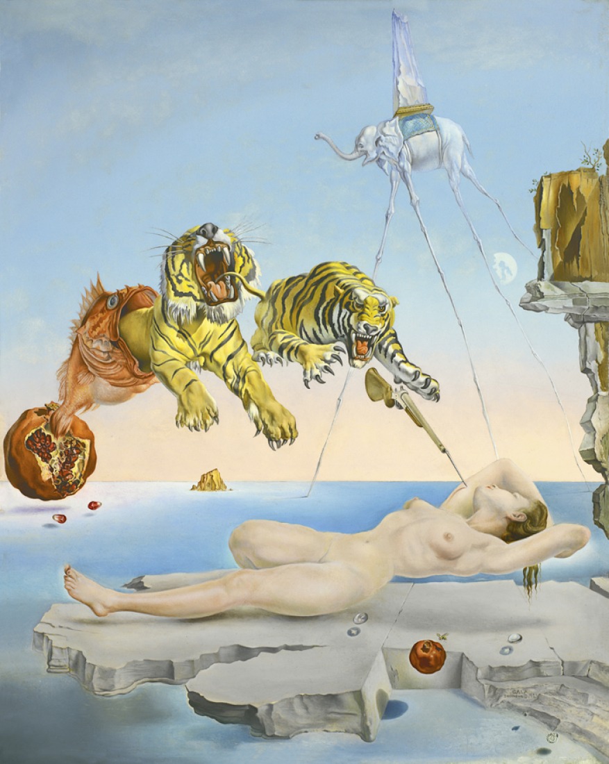 Salvador Dalí, Sueño causado por el vuelo de una abeja alrededor de una granada un segundo antes del despertar,  Dream Caused by the Flight of a Bee around a Pomegranate a second before Awakening, 1944. Óleo sobre tabla. 51x41cm. © Salvador Dalí, Fundación Gala-Salvador Dalí / VEGAP, Madrid 2012.
