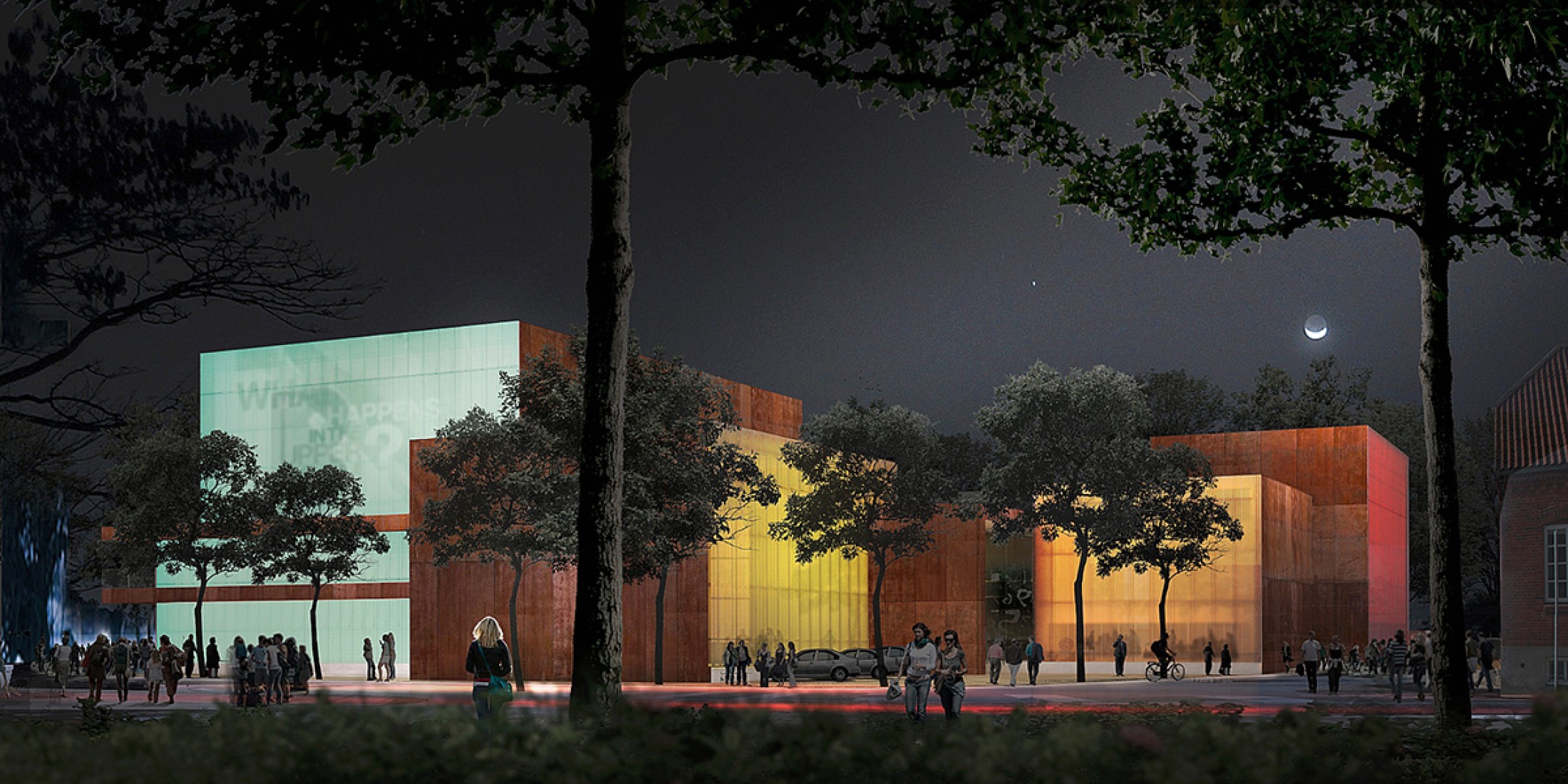 Vista nocturna. Teatro Vendsyseel y Centro de Actividades.