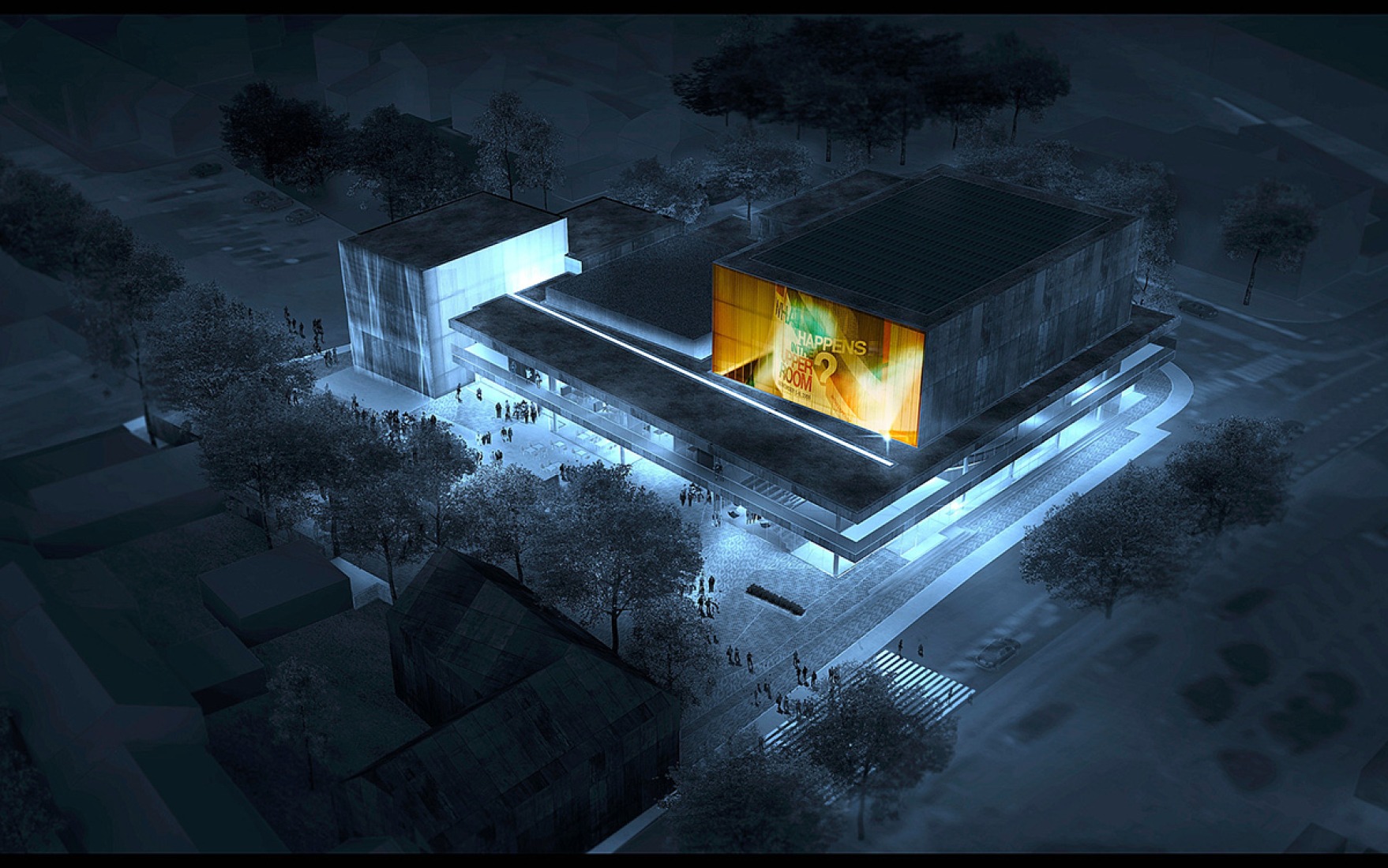 Vista de pajaro nocturna. Teatro Vendsyseel y Centro de Actividades.