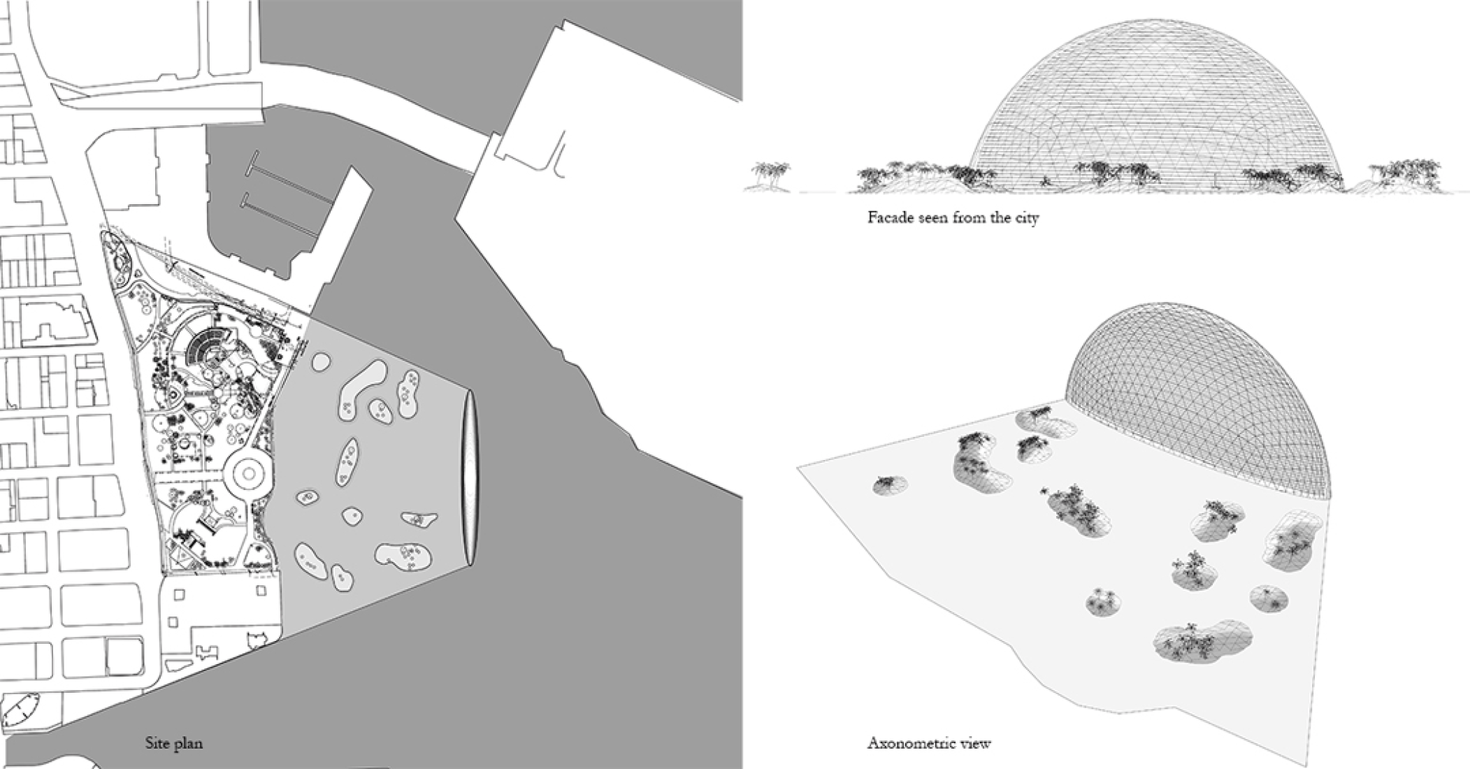 Plano de situación, fachada y vista axonométrica. Propuesta de concurso por Visiondivision.