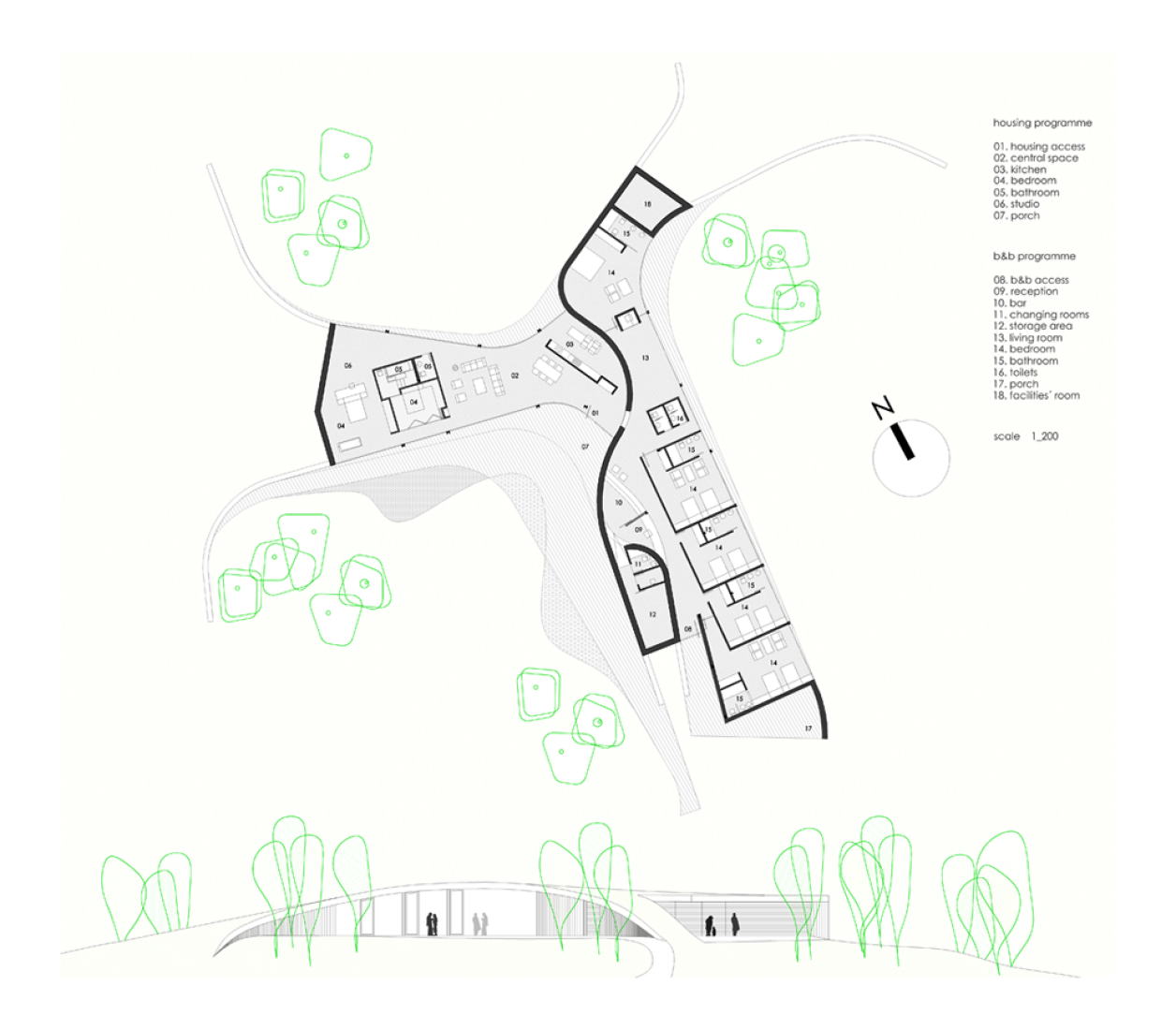 Elevation and floor plan. Image courtesy of Longo+Roldán Architects.