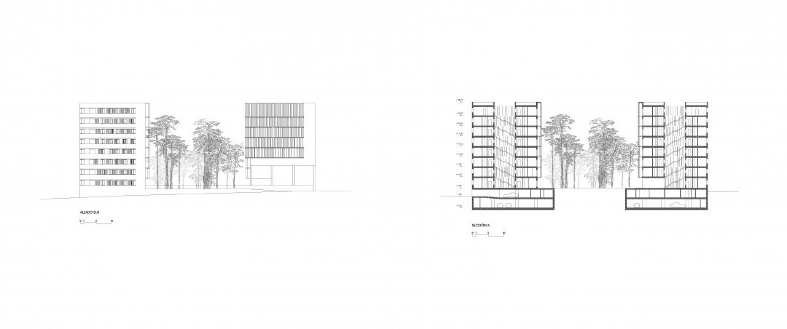 Cross section and elevation. 165 Social housing units in Vallecas by Vázquez Consuegra.
