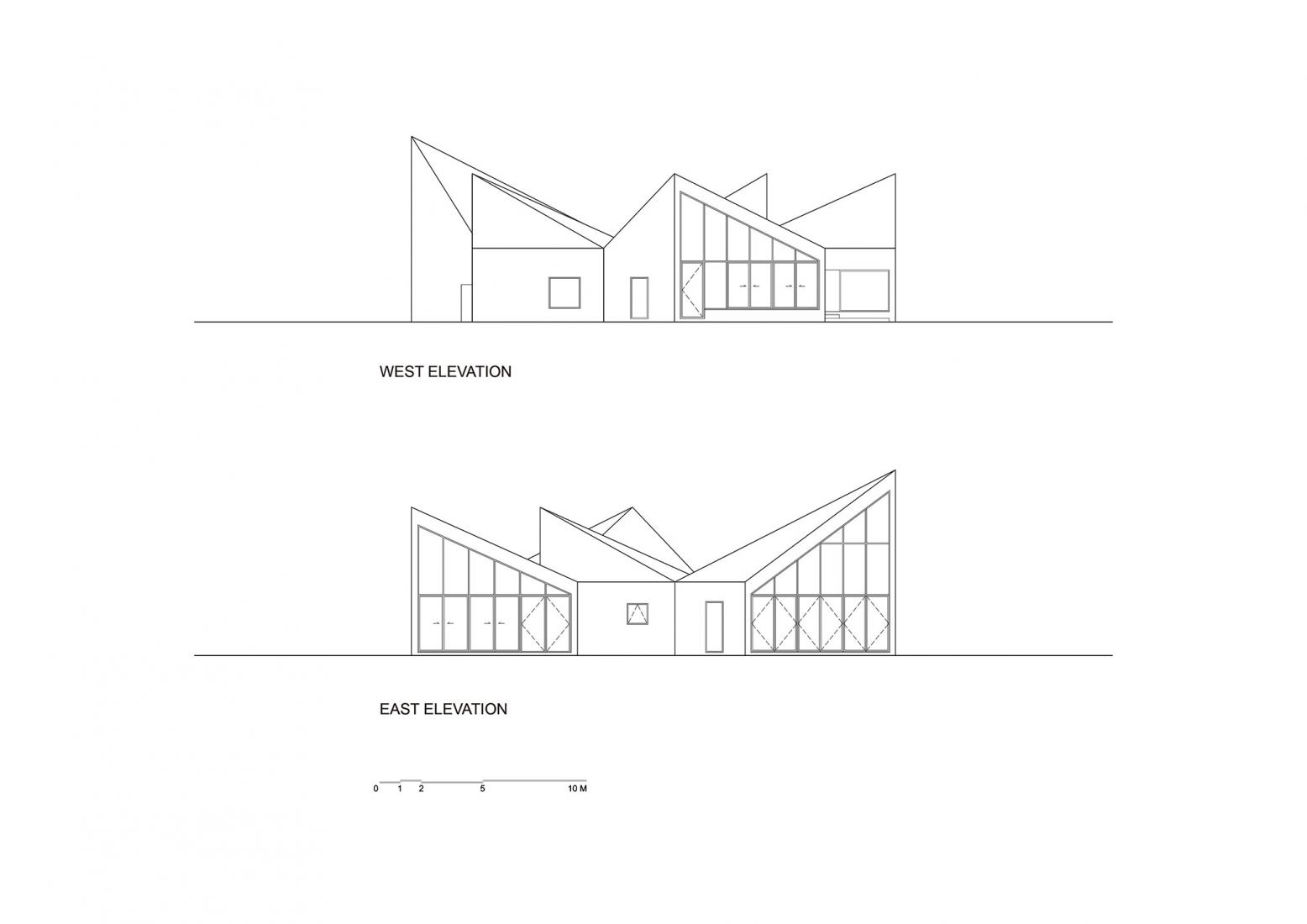 East west elevation plans. The Library in Ice-Chrysanthemum Field by Atelier Xi.