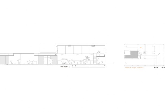 Sección y plano de planta sin reformar. Invernadero por F5 Proyectos y Arquitectura.