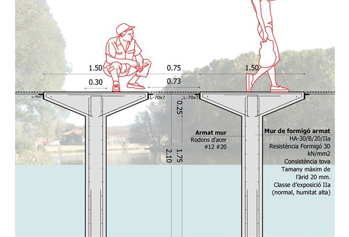 Jump to the other side of the riverbed. Floodable bridge over Ter river ...