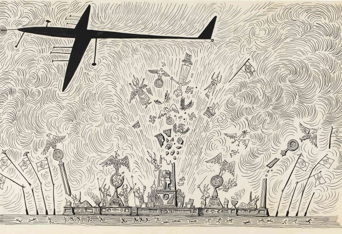 Bombing, Nuremberg by Saul Steinberg, c. 1945. Ink on paper. 38.1 × 59.1 cm. The Estate of Michael K. Vlock. Photograph by Jenny Gorman. Photograph courtesy by The Saul Steinberg Foundation VEGAP, Madrid, 2024.