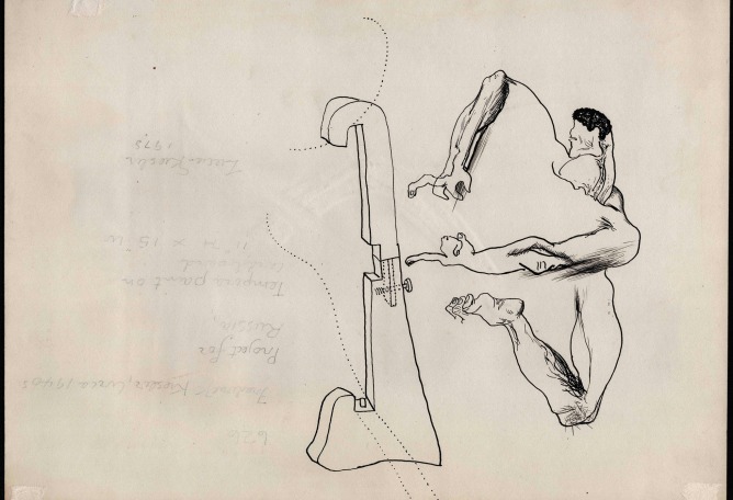 Friedrich Kiesler, study for the design of the exhibition U.S. Housing in War and Peace, special exhibition in Moscow, New York 1944/45, 27.6 x 37.6 cm, ink on cardboard. Courtesy by the Austrian Frederick and Lillian Kiesler Private Foundation, Vienna.