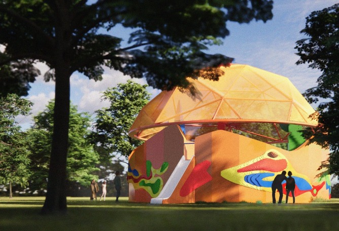 Play Pavilion, designed by Peter Cook (Peter Cook Studio Crablab), in collaboration with Serpentine and the LEGO Group. Design render, aerial view. Photograph Peter Cook (Peter Cook Studio Crablab). Courtesy Serpentine.