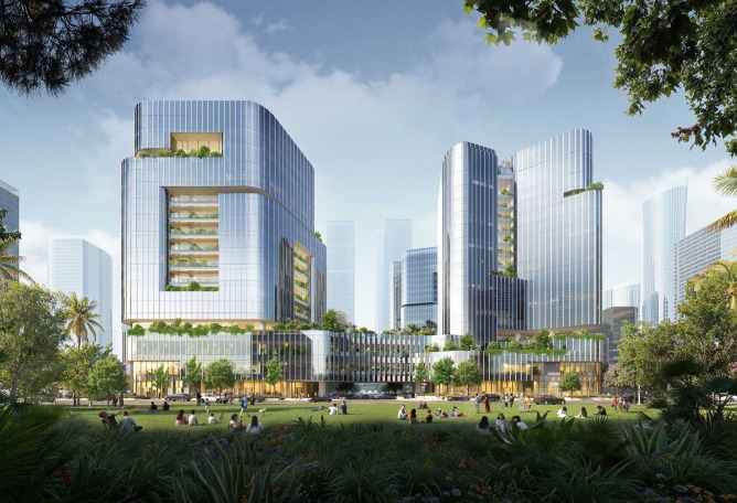 Las ventanas y terrazas urbanas ofrecen vistas panorámicas de la ciudad y del Mar de China Meridional. Campus Híbrido de Houhai por Buro Ole Scheeren.