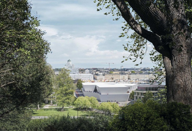 Vista desde Tähtitorninvuori. Nuevo Museo de Arquitectura y Diseño de Helsinki. Proyecto ganador: Kumma, por JKMM Architects. Visualización por MIR y JKMM Architects.