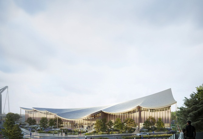 "The Sail" Rouen Congress center by BIG. Rendering by Atchain.
