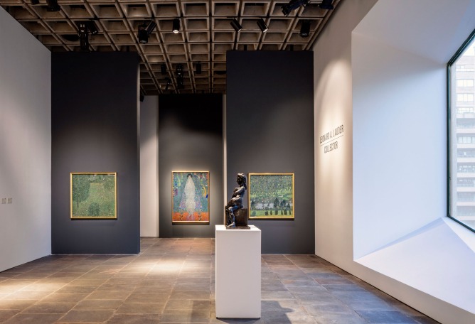 Sotheby’s fourth-floor Breuer galleries, featuring Gustav Klimt’s Blooming Meadow (Blumenwiese), Portrait of Elisabeth Lederer (Bildnis Elisabeth Lederer) and Waldabhang bei Unterach am Attersee (Forest Slope in Unterach on the Attersee), from The Leonard A. Lauder Collection [left to right]. Photography by Stefan Ruiz Courtesy of Sotheby’s.