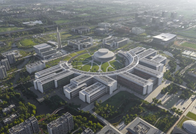 Aerial view, Academic Core. Westlake University by HENN. Photograph by Tian Fangfang.
