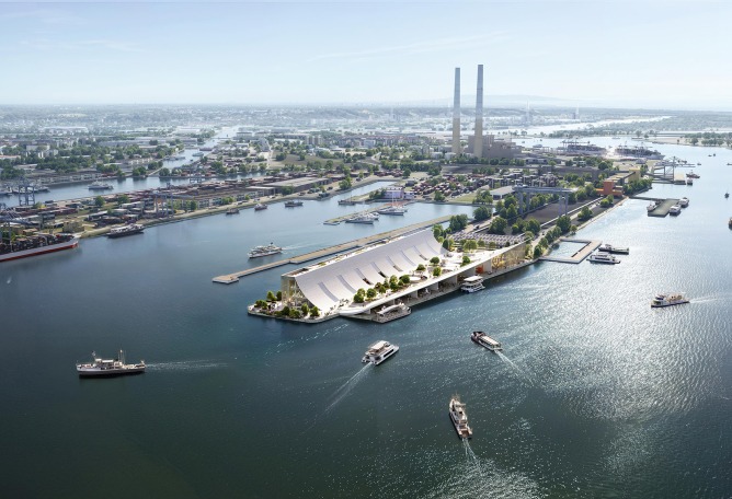 Vista aérea desde la entrada del puerto, que sitúa el museo dentro del contexto urbano y marítimo más amplio de Le Havre. Museo Brise-Vent del Puerto de Havre por LYT-X Studio. Visualización por LYT-X Studio.