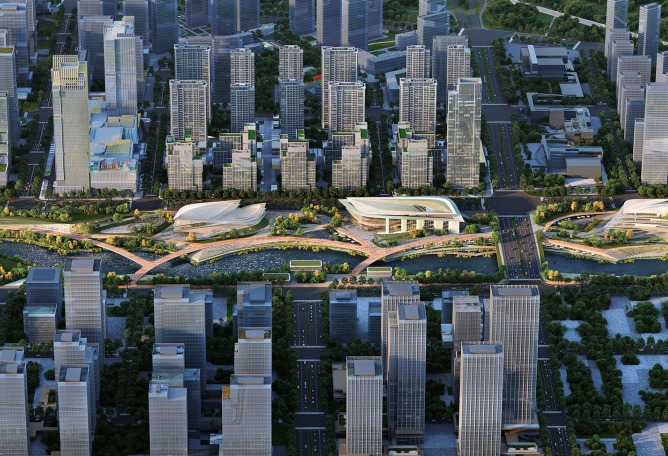 ZHA Architects, Qiantang Bay Cultural District, Hangzhou, China. Rendering by Atchain.