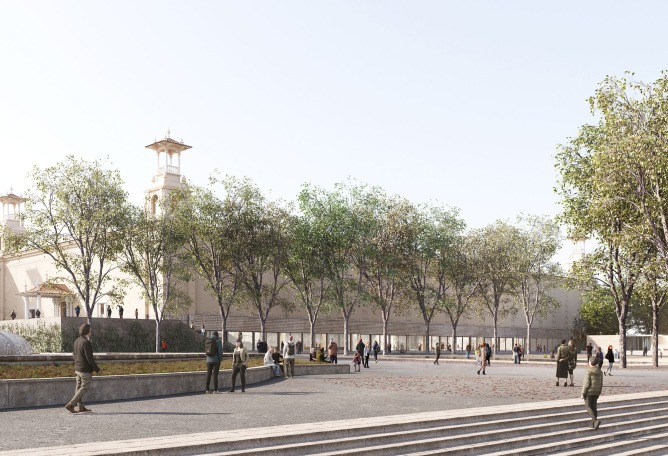 Palau Victoria Eugénia, exterior view of the entrance to the new MNAC. Extension of the MNAC by Harquitectes and Christ & Gantenbein.