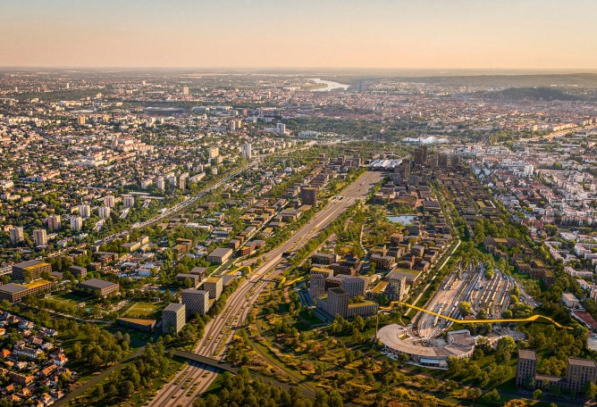 Rákosrendező Masterplan by Coldefy + CITYFÖRSTER + sporaarchitects + TREIBHAUS.LAND + Marko&Placemakers. Rendering by Zoa.