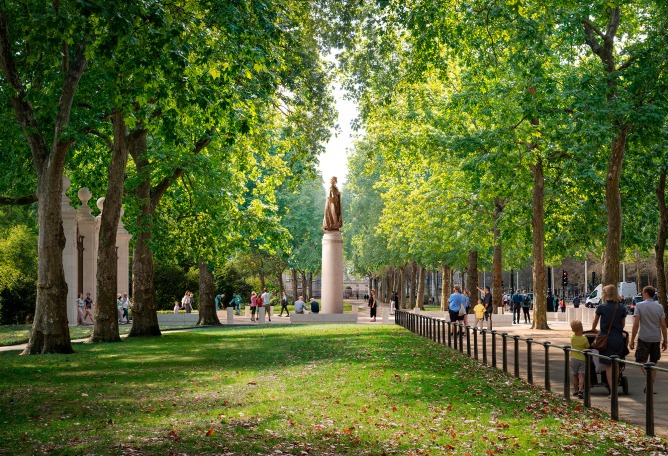 Estatua de la Reina en el Monumento a la Reina Isabel, por Foster + Partners y equipo