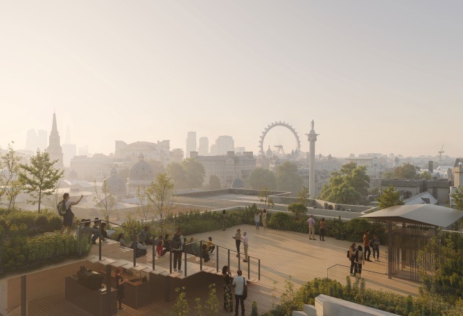 New wing of National Gallery by  Kengo Kuma and Associates. Rendering of the entrance. Image by Kin Creatives.
