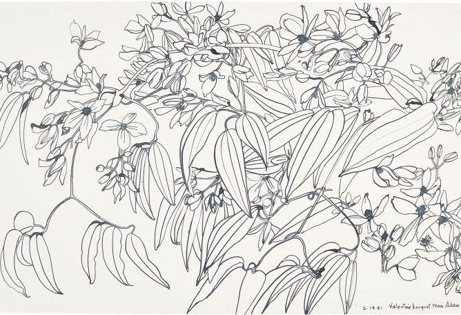 Ruth Asawa. Valentine Bouquet from Adam (PF.555), 1991. Ink on paper, 31.8 × 58.4 cm. Private collection. Artwork by 2026, Ruth Asawa Lanier, Inc., courtesy of David Zwirner. Photograph by James Paonessa.