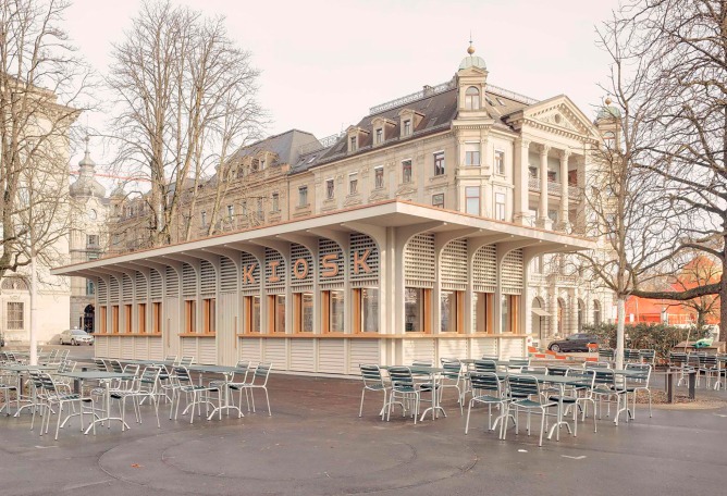 Kiosk in Bürkliplatz by Schmid Ziörjen Architects. Photograph by Lukas Murer.