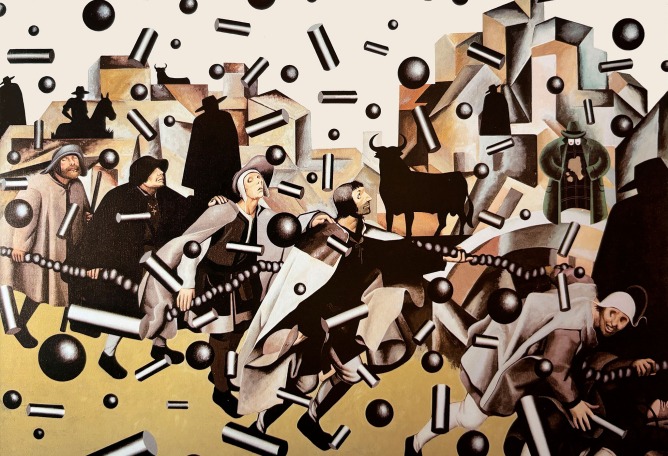 Bolas y cilindros, por Equipo Crónica. 150 x 200 cm. 