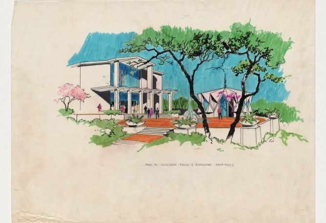 First African Methodist Episcopal Church of Los Angeles (exterior rendering), ca. 1960, by Paul R. Williams (American, 1894–1980), ink on paper. Jointly owned by the Getty Research Institute and the University of Southern California School of Architecture, 2020.M.6. Courtesy of Della M. Williams Trust Dated December 15, 1988.