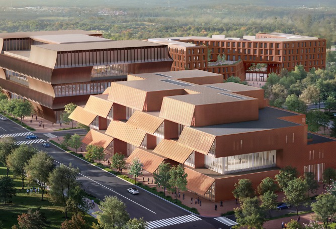 Aerial view. Bentonville Institute of Technology by BIG-Bjarke Ingels Group. Rendering courtesy of BIG-Bjarke Ingels Group.