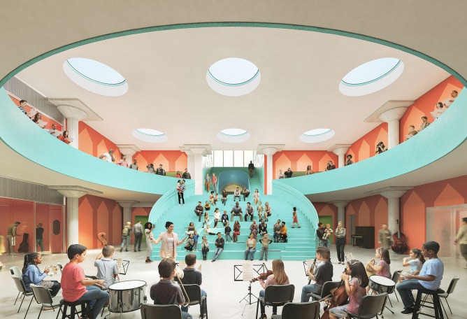 La Academia de música y artes Frank Liu Jr., por OMA. Visualización por OUT OF RAM.