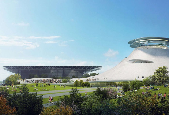 Vista norte del Lucas Museum of Narrative Art por MAD arquitectos. Visualización © MAD Architects.