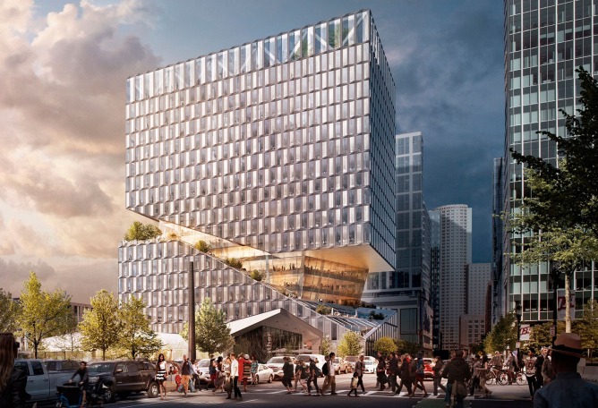Visualización del 88 Seaport Boulevard, un proyecto de venta al por menor y de oficina de uso mixto diseñado por OMA y desarrollado por WS Development en el barrio Seaport de Boston. Imagen © OMA. Visualización por Bloom