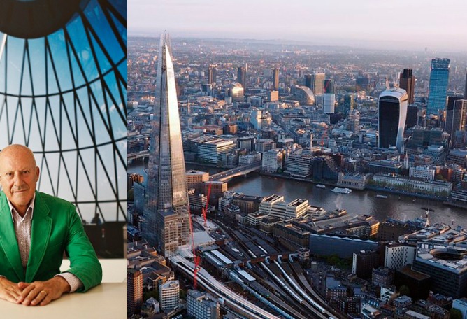 Izquierda: Norman Foster. Vía Paddle8. Derecha: Vista aerea de Londres. Vía Wikipedia.
